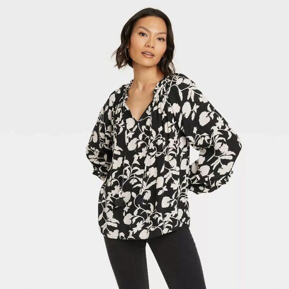 Knox Rose Top Womens Plus Size 2X Black Floral Flowy Blouse Boho Classic Neutral - Picture 1 of 12
